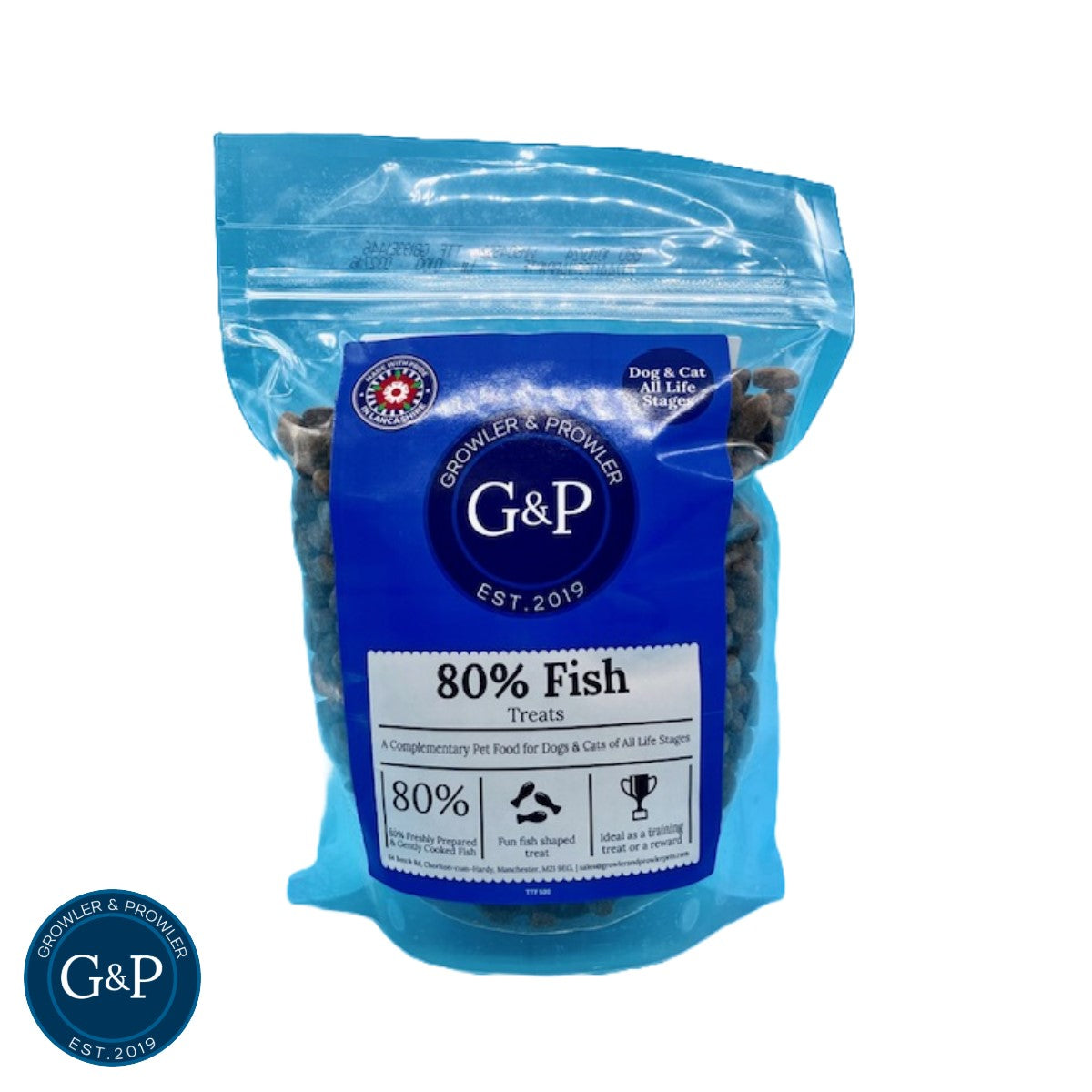 Growler & Prowler 80/20 Fish Treats: A complementary pet food for dogs and cats of all life stages, made with 80% fish.