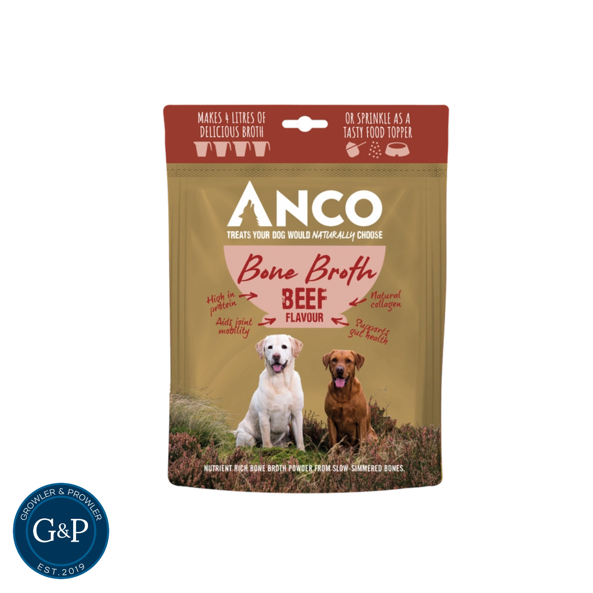 Anco Beef Bone Broth: Nutrient-rich bone broth powder for dogs, made from slow-simmered beef bones. High in protein and collagen, this broth can be used to make up to 10 liters of delicious broth or sprinkled on food as a topper.