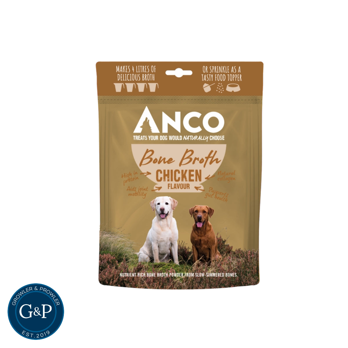 Healthy and delicious chicken bone broth for dogs. This nutrient-rich powder is made from slow-simmered bones and is perfect for adding flavour and nutrition to your dog's meals.