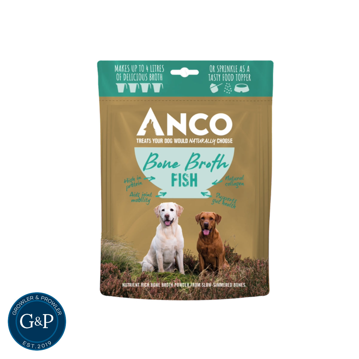 Anco Fish Bone Broth: Nutrient-rich bone broth powder for dogs, made from slow-simmered bones. High in protein and collagen, this broth can be used to make up to 10 liters of delicious broth or sprinkled on food as a topper.