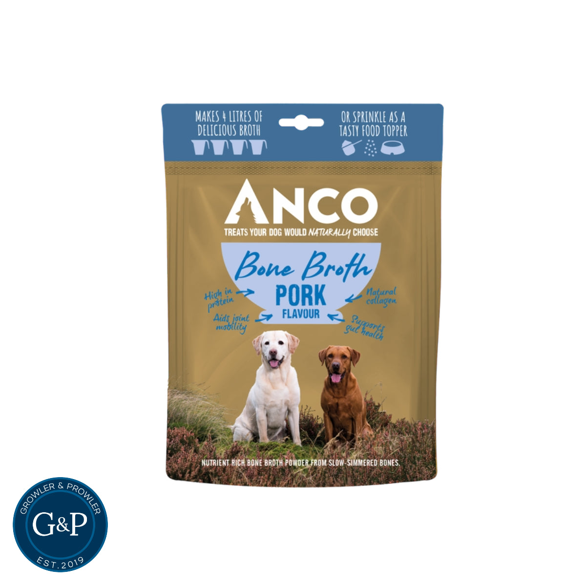 Healthy and delicious pork bone broth for dogs. This nutrient-rich powder is made from slow-simmered bones and is perfect for adding flavour and nutrition to your dog's meals.