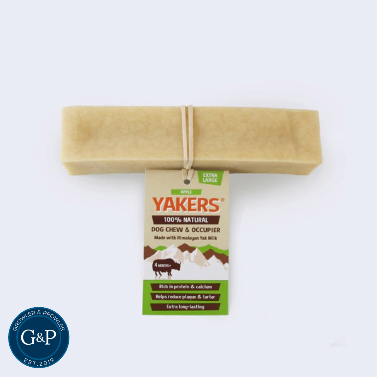 Natural dog chews made with apple and yak, perfect for keeping dogs entertained.