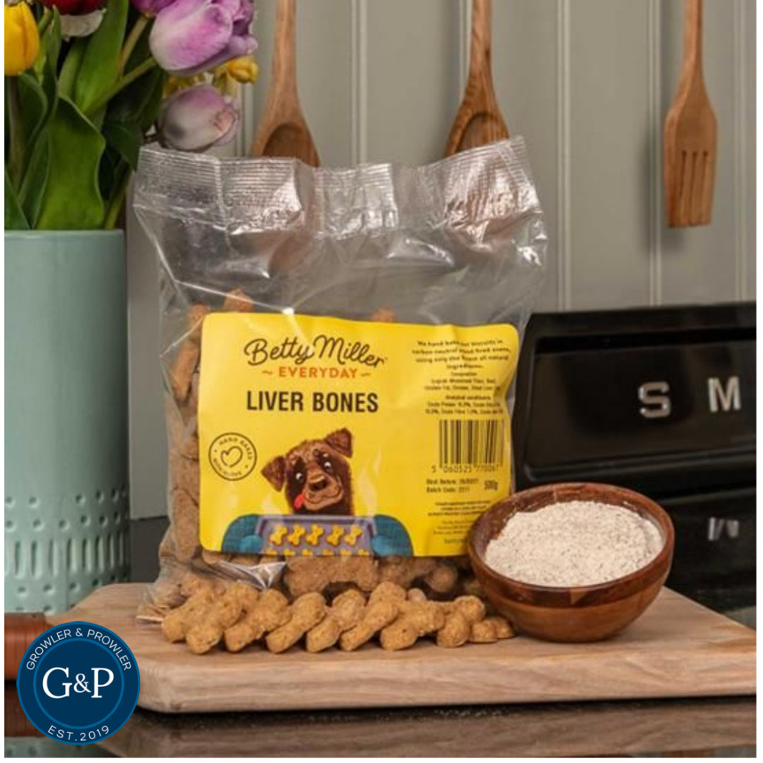 Betty Miller Liver Bones, a natural dog treat, displayed at Growler & Prowler in Manchester. The treats are shaped like bones and have a rich, brown colour, emphasising their natural ingredients and quality.