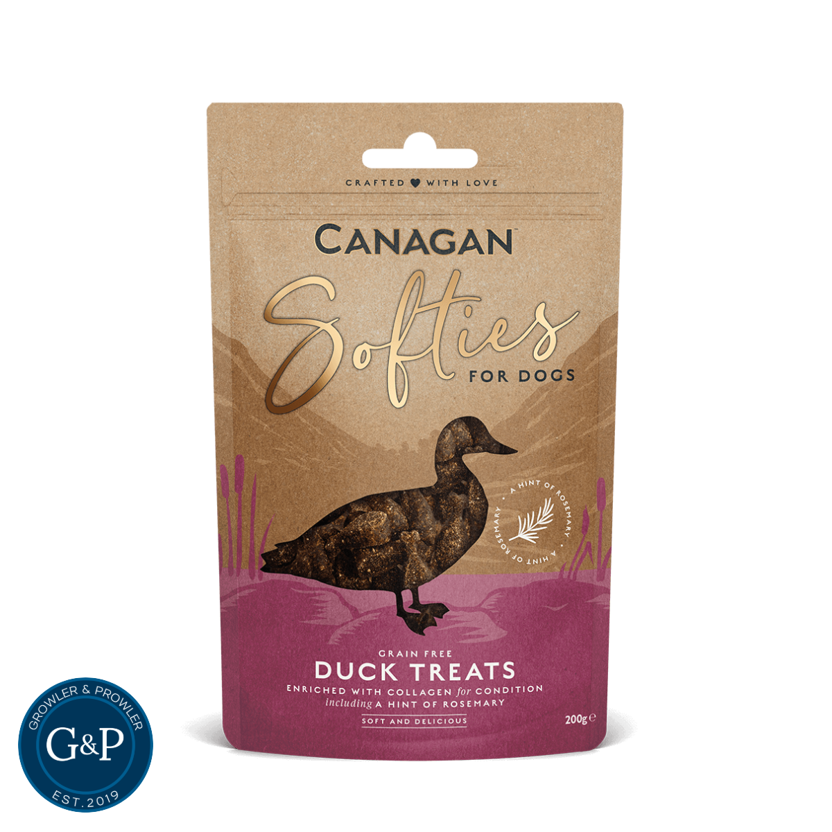 A bag of Canagan Softies Duck treats for dogs. Grain-free and enriched with collagen for healthy skin and coats.