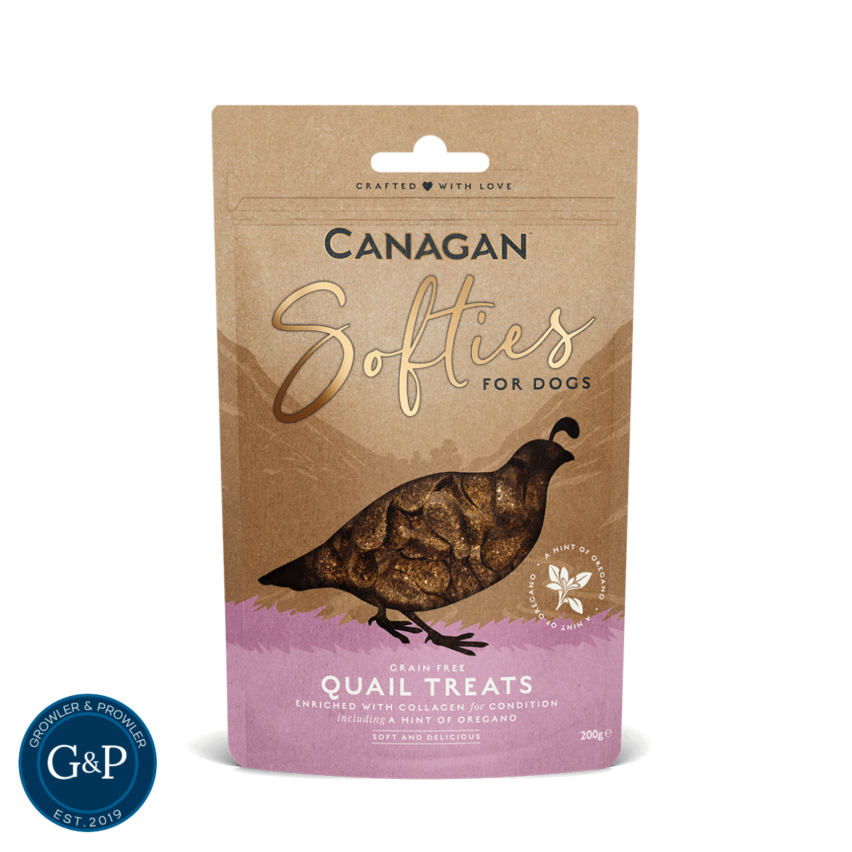 Canagan Softies Quail Treats - Grain-free soft dog treats enriched with collagen for healthy skin and coat, with a hint of oregano. 200g bag.