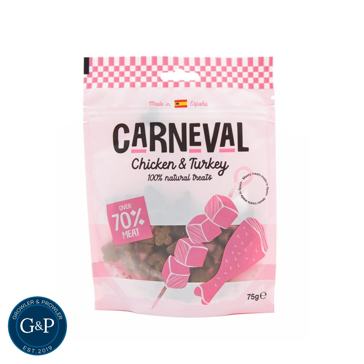 A pink bag of Carneval Chicken & Turkey Dog Treats, featuring a chicken and turkey illustration. Contains 75g of natural treats with over 70% meat.