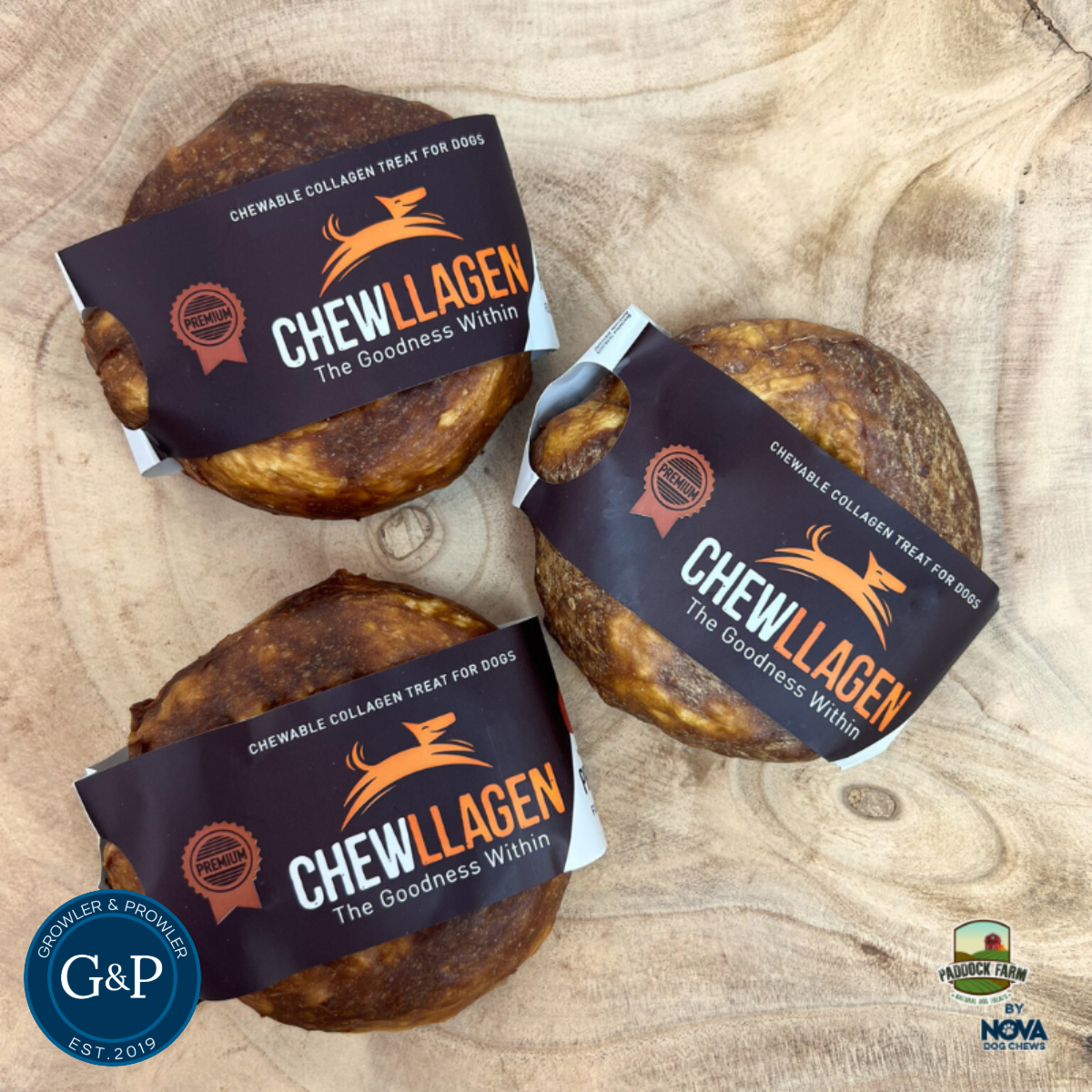 Chewllagen Chicken Donuts: Premium, chewy collagen treats for dogs. Made with proper chicken and fully digestible ingredients. A healthy and tasty way to support your dog's joint health.