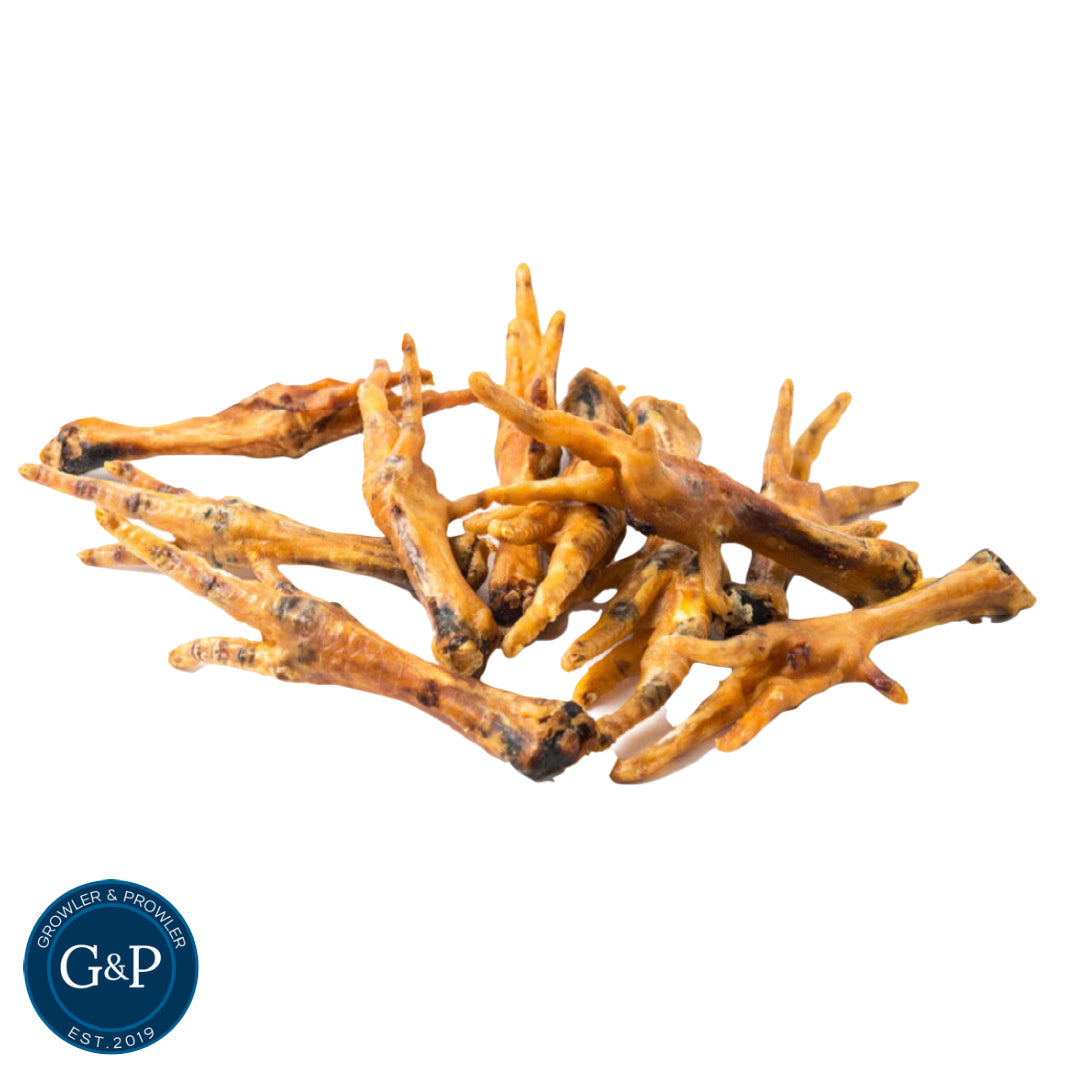 Crunchy chicken feet dog treats from Growler and Prowler, a natural dog treats company in Manchester. These treats are rich in nutrients and promote joint health, making them a tasty and beneficial snack for dogs.