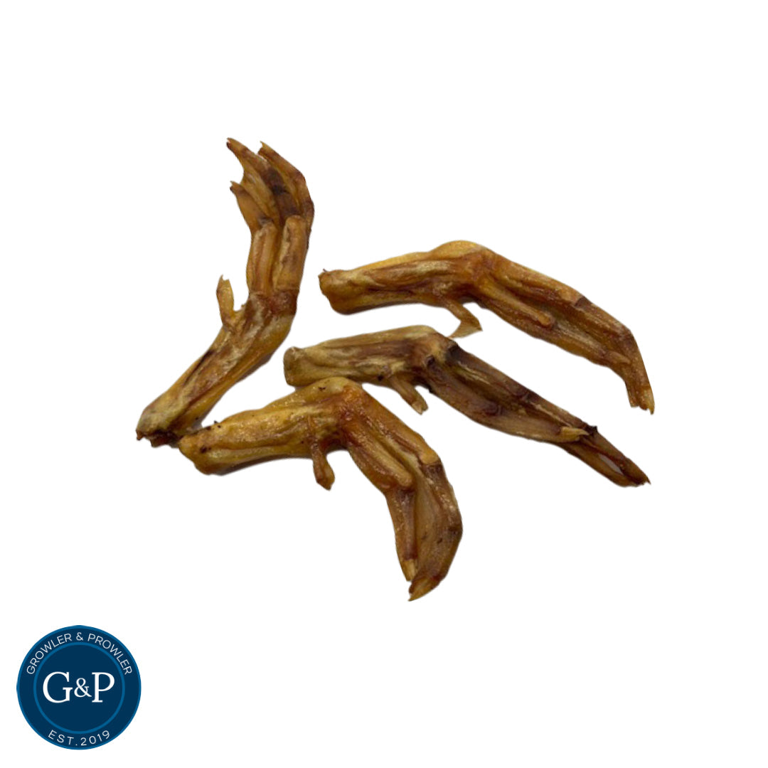 Duck Feet treats from Growler and Prowler, a natural dog treats company based in Manchester. The image features dried duck feet. These healthy, tasty snacks are perfect for dogs and are made from 100% natural ingredients.