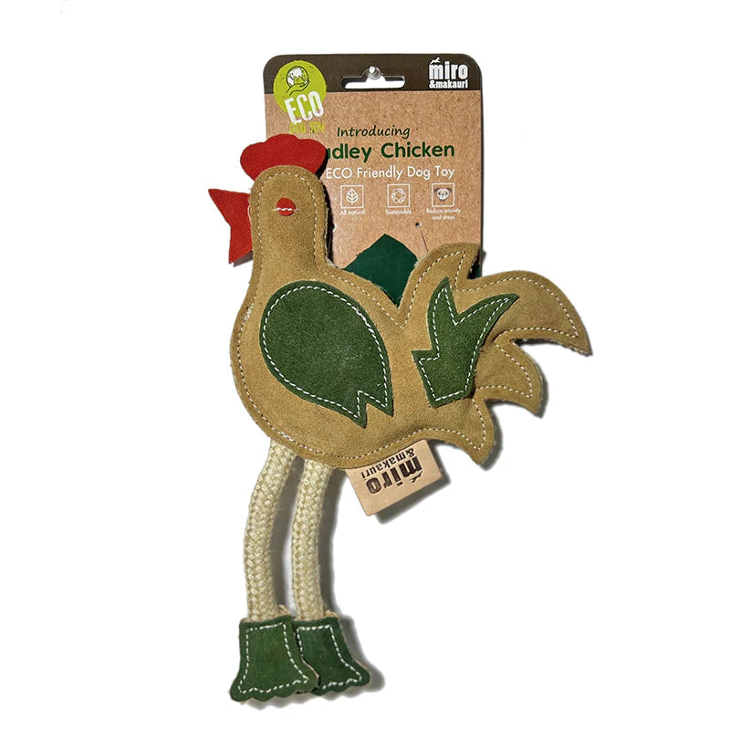 Chadley Chicken, an Eco Friendly Dog Toy from Miro & Makauri. This soft, durable toy is perfect for chewing, tugging, and interactive play.