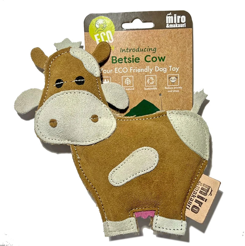 Betsie Cow, an Eco Friendly Dog Toy from Miro & Makauri. This soft, durable toy is perfect for chewing, tugging, and interactive play.