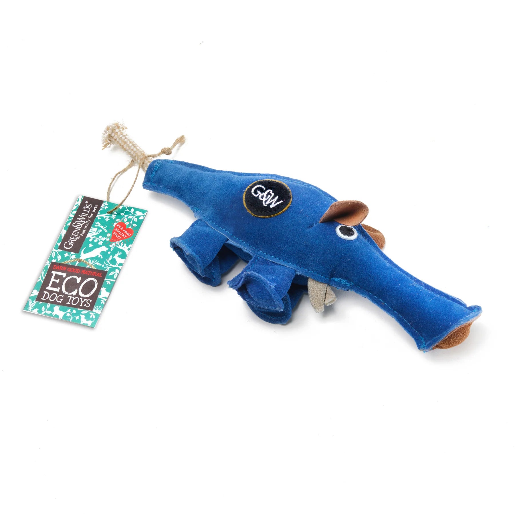 A blue, soft-bodied dinosaur dog toy from Green&Wild's Eco Dog Toys range.