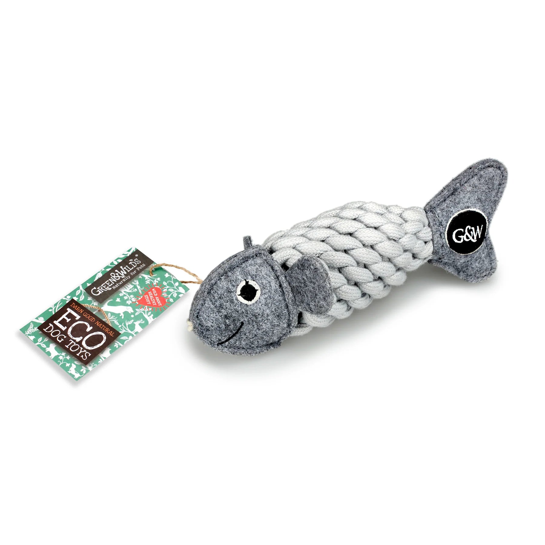 Eco Fishy Toy from Green & Wilds, a natural and durable dog toy shaped like a fish. Perfect for fetch, tugging, and interactive play.