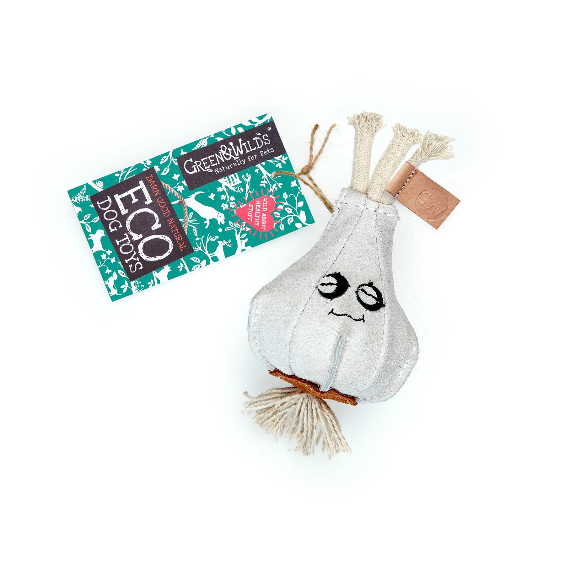 Eco Garlic Toy from Green & Wilds, a natural and durable dog toy shaped like a garlic bulb. Perfect for chewing, tugging, and interactive play