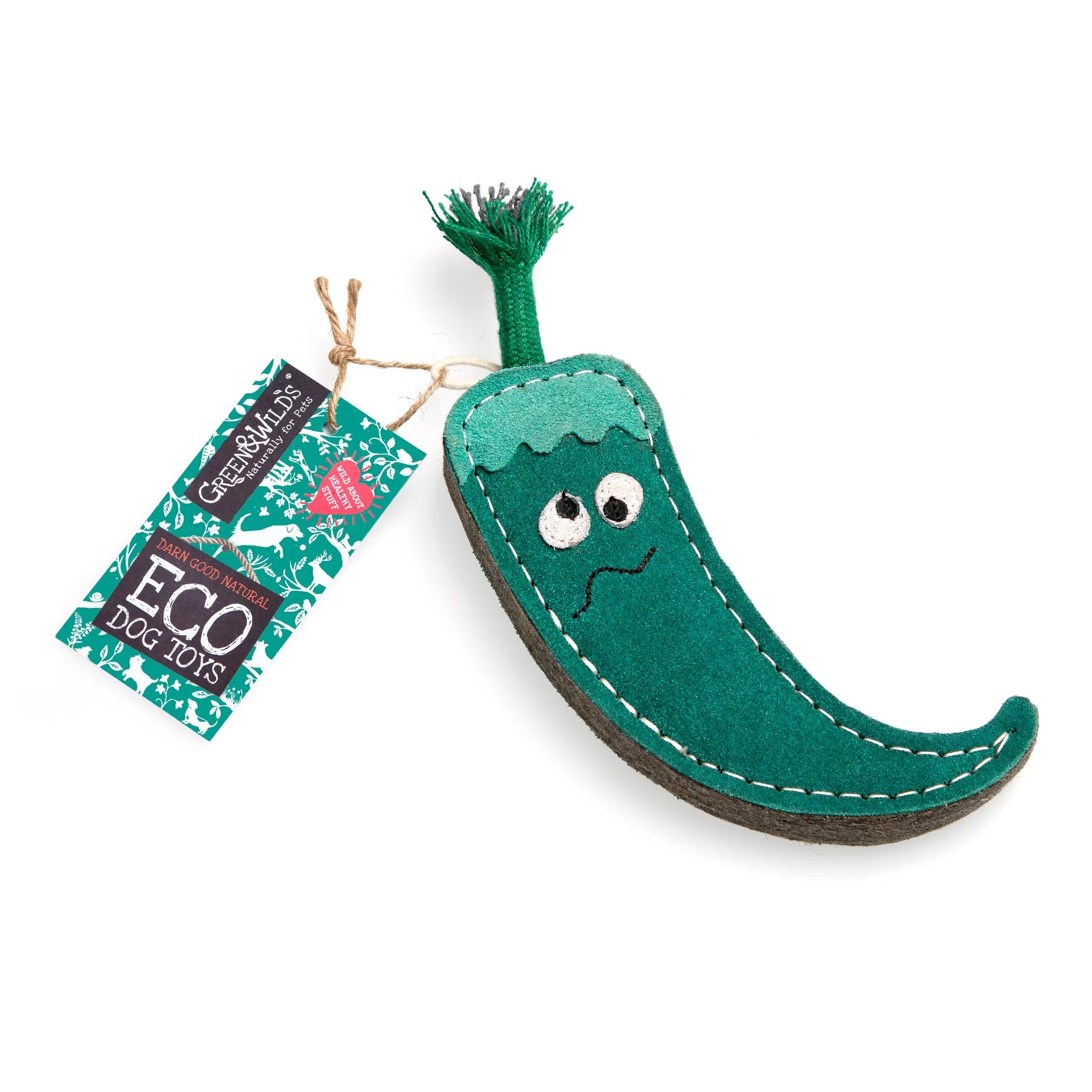 Juan the Jalapeno Eco Dog Toy from Green & Wilds, a natural and durable dog toy shaped like a jalapeno pepper. Perfect for chewing, tugging, and interactive play.