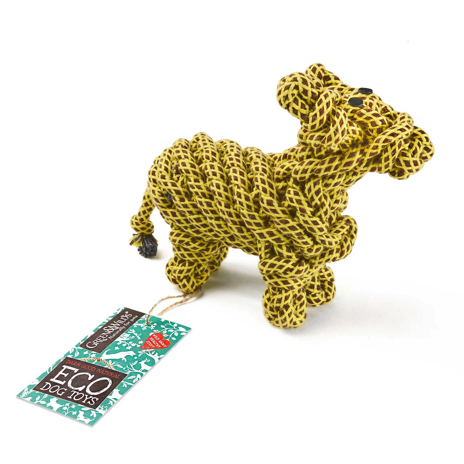 A yellow and brown rope-knotted llama dog toy.