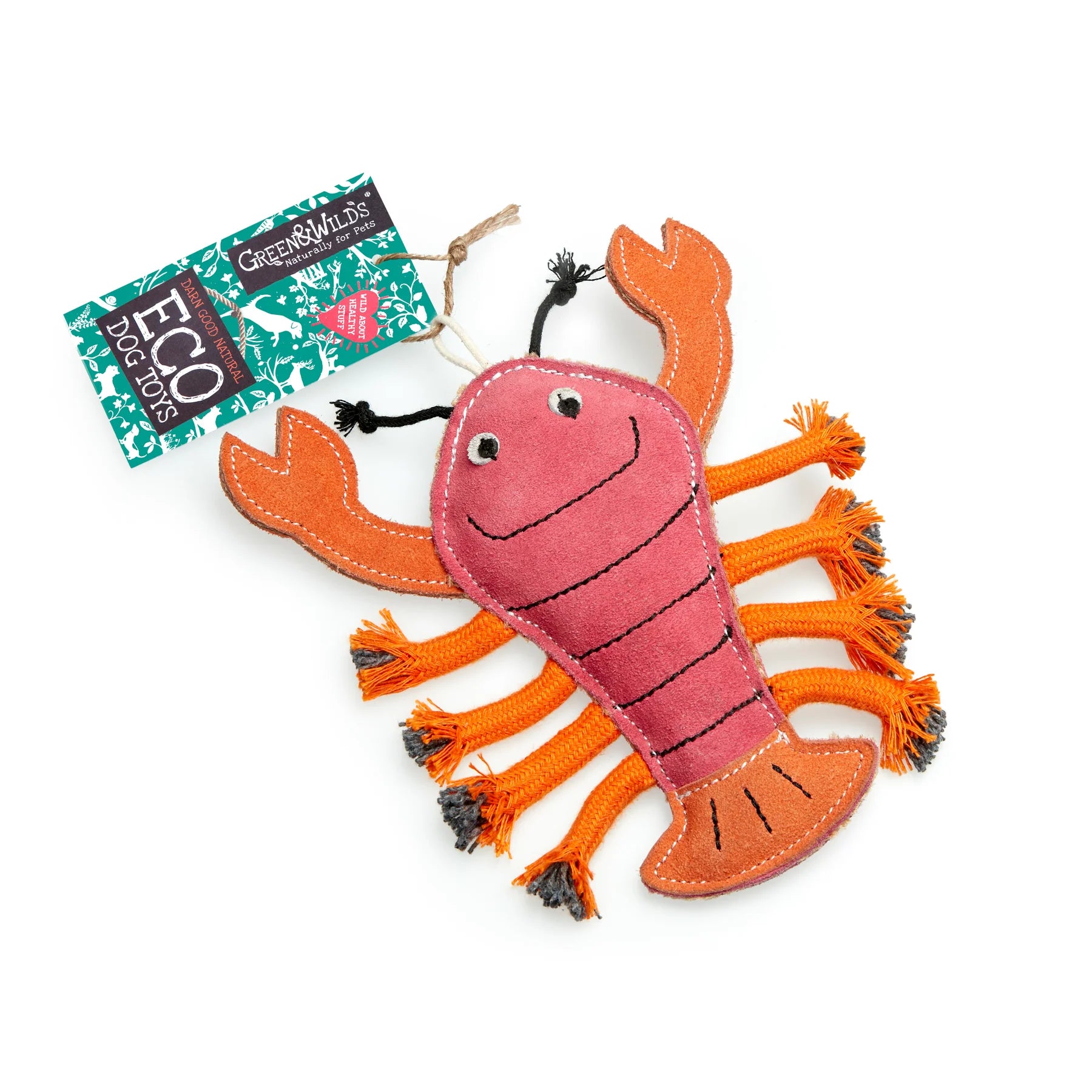 A red and orange lobster-shaped dog toy made with natural materials. Ideal for fetching, tugging, and keeping dogs entertained