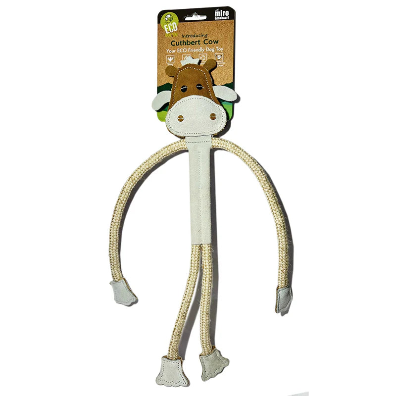 Cuthbert the Cow, an Eco Friendly Dog Toy from Miro & Makauri. This soft, durable toy features a long, rope-like body and is perfect for chewing, tugging, and interactive play.