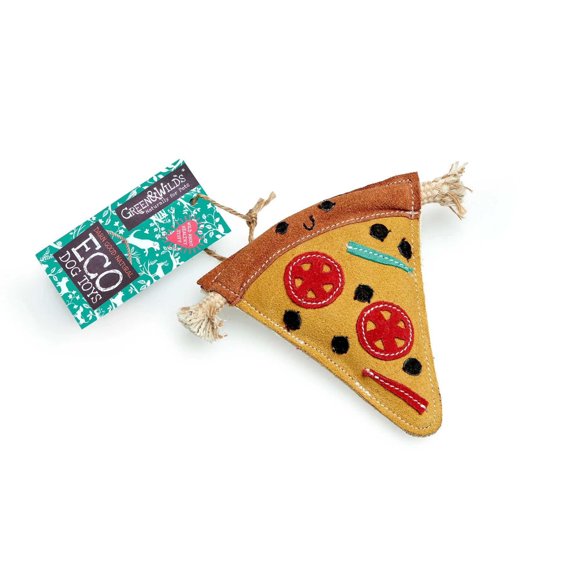 Eco Pizza Toy from Green & Wilds, a natural and durable dog toy shaped like a pizza slice. Perfect for chewing, tugging, and interactive play.