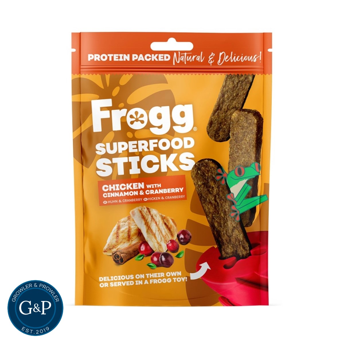 Frogg Superfood Sticks - Chicken with Cinnamon and Cranberry dog treats. Protein-packed and natural, these delicious sticks can be enjoyed on their own or served in a Frogg toy.