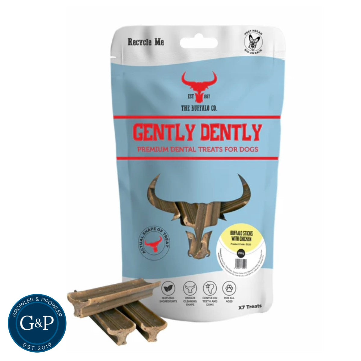 Gently Dently Buffalo Sticks with Chicken - Premium dental treats for dogs. Made with natural ingredients and designed to help clean teeth and gums. Pack of 7 sticks.