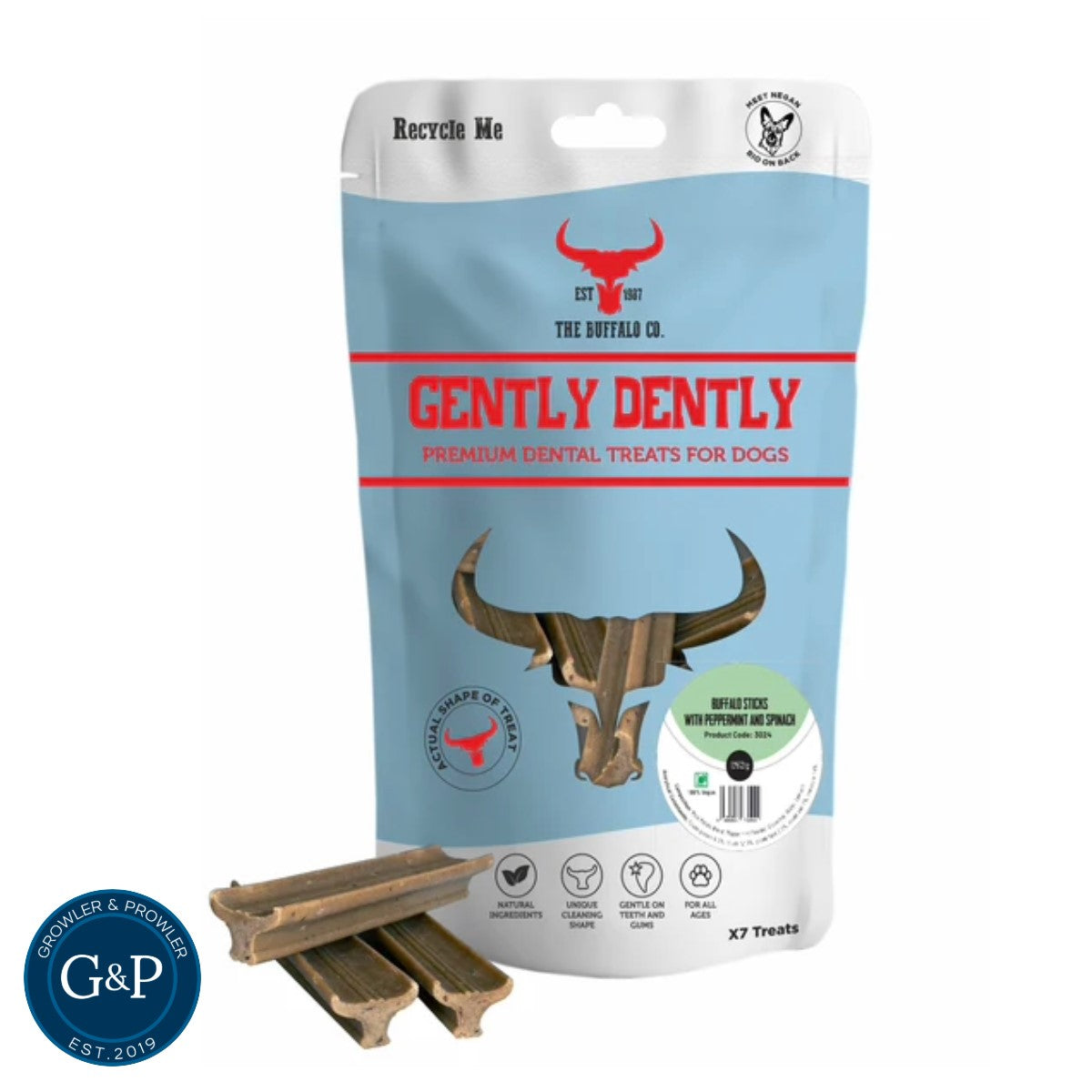 A package of Gently Dently Buffalo Sticks dental treats for dogs. The sticks are made with natural ingredients, apple, and banana, and are designed to help with dental cleaning. The package shows a dog holding one of the sticks, with the Growler & Prowler logo in the background.