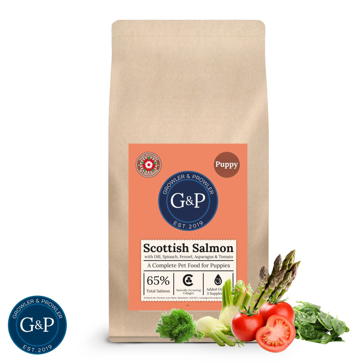 A bag of Superfood Puppy Scottish Salmon dog food from Growler and Prowler, featuring 65% Scottish salmon and a variety of fresh vegetables.