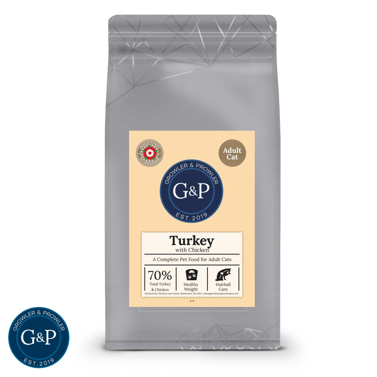 Packaging of Growler and Prowler's turkey with chicken cat food, featuring a natural dog treats company logo from Manchester, with images of fresh ingredients including turkey and chicken.