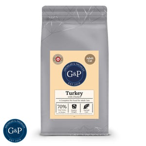 Packaging of Growler and Prowler's turkey with chicken cat food, featuring a natural dog treats company logo from Manchester, with images of fresh ingredients including turkey and chicken.