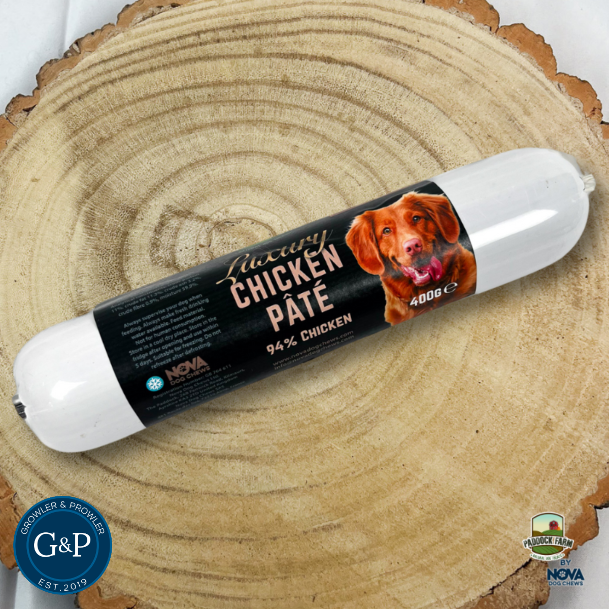 Luxury Chicken Pate Sausage dog treat available at Growler and Prowler, a Manchester-based natural dog treats company. The gourmet sausage is made from high-quality chicken pate, designed for pampering pets with a nutritious and tasty snack.