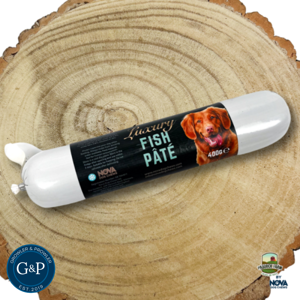 Luxury Fish Pate Sausage – Premium dog treats made from natural, high-quality fish pate, crafted into sausage form. Perfect for healthy, nutritious snacking for dogs. Produced by Growler and Prowler, a Manchester-based company focused on wholesome pet treats.