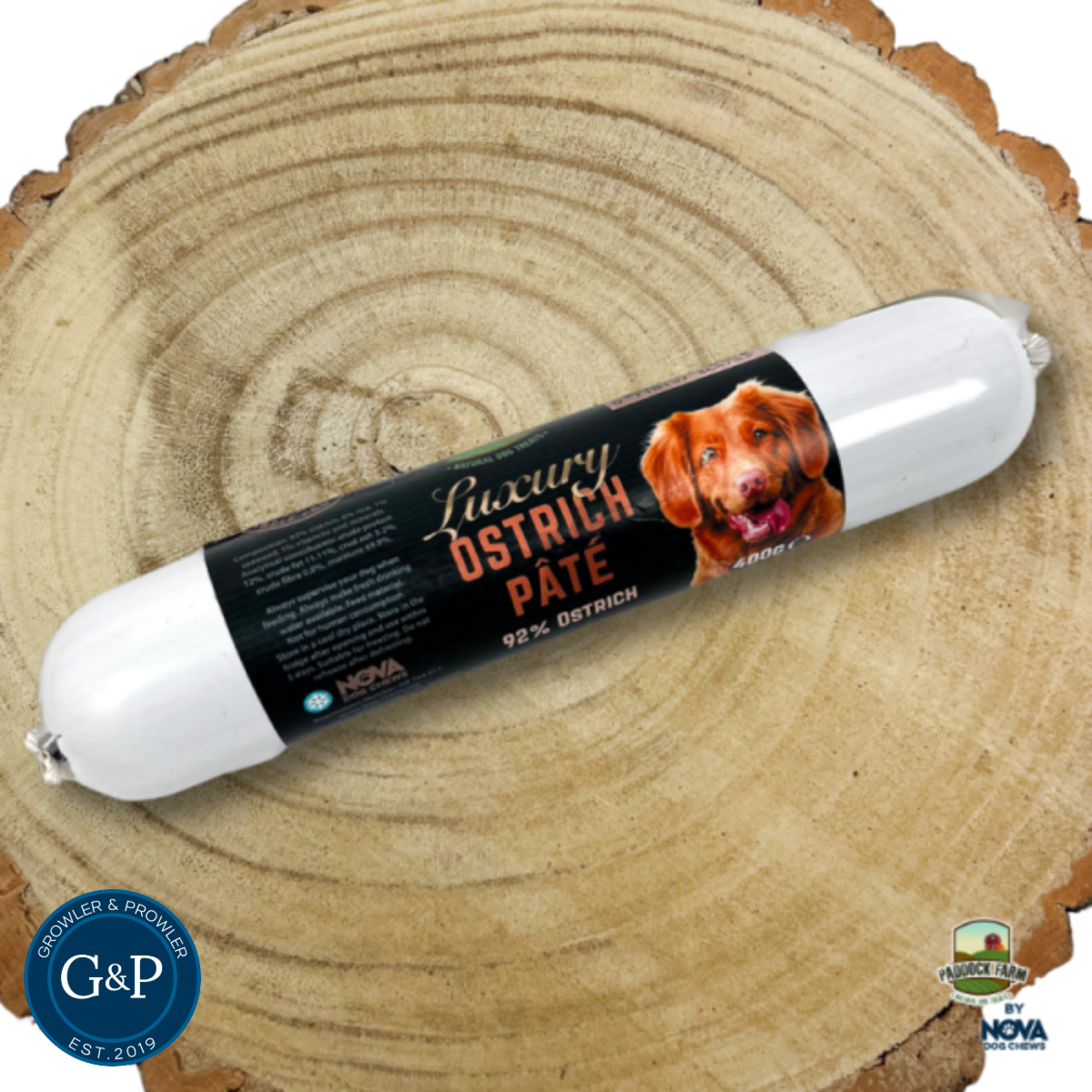 Luxury ostrich pâté sausage, a gourmet natural dog treat available at Growler and Prowler, a Manchester-based company specialising in premium pet products.