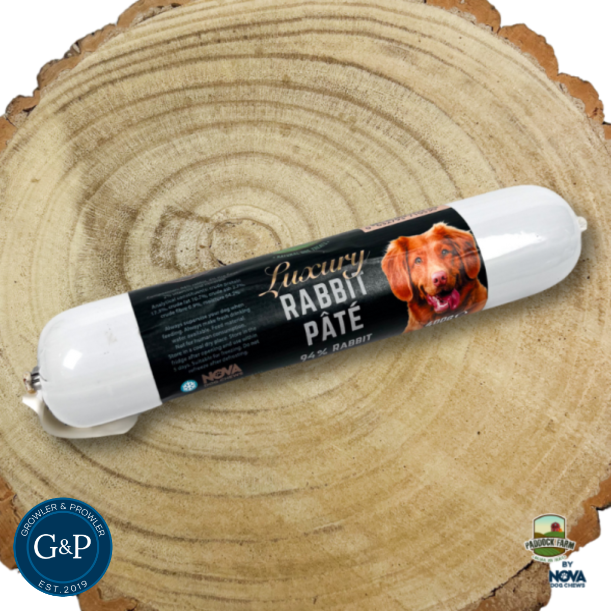 Luxury Rabbit Pâté Sausage by Growler and Prowler, a natural dog treats company based in Manchester, offering high-quality, healthy treats for dogs.