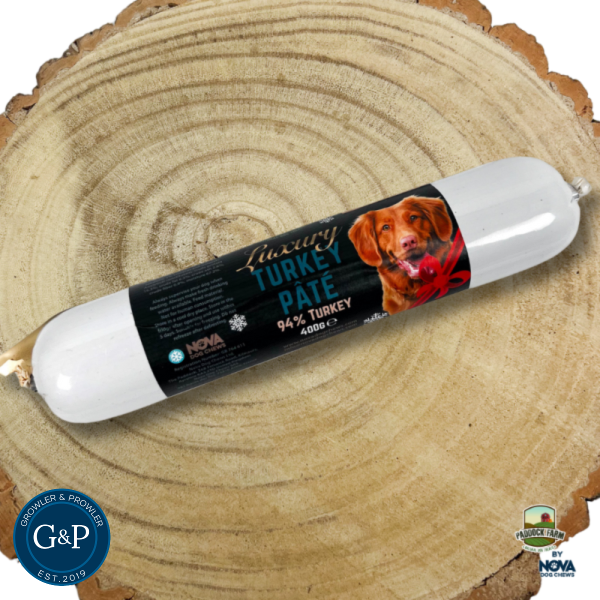 Luxury Turkey Pate Sausage natural dog treat available at Growler and Prowler, a Manchester-based company. The treat is made from premium turkey pate, offering a healthy and gourmet option for dogs.