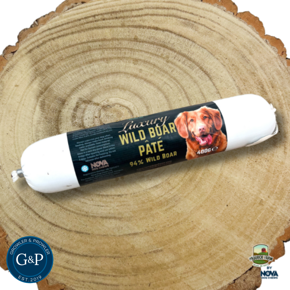 Luxury Wild Boar Pâté Sausage, a premium natural dog treat available at Growler and Prowler, a Manchester-based company. The gourmet treat is made from high-quality wild boar, offering a nutritious and tasty option for dogs.