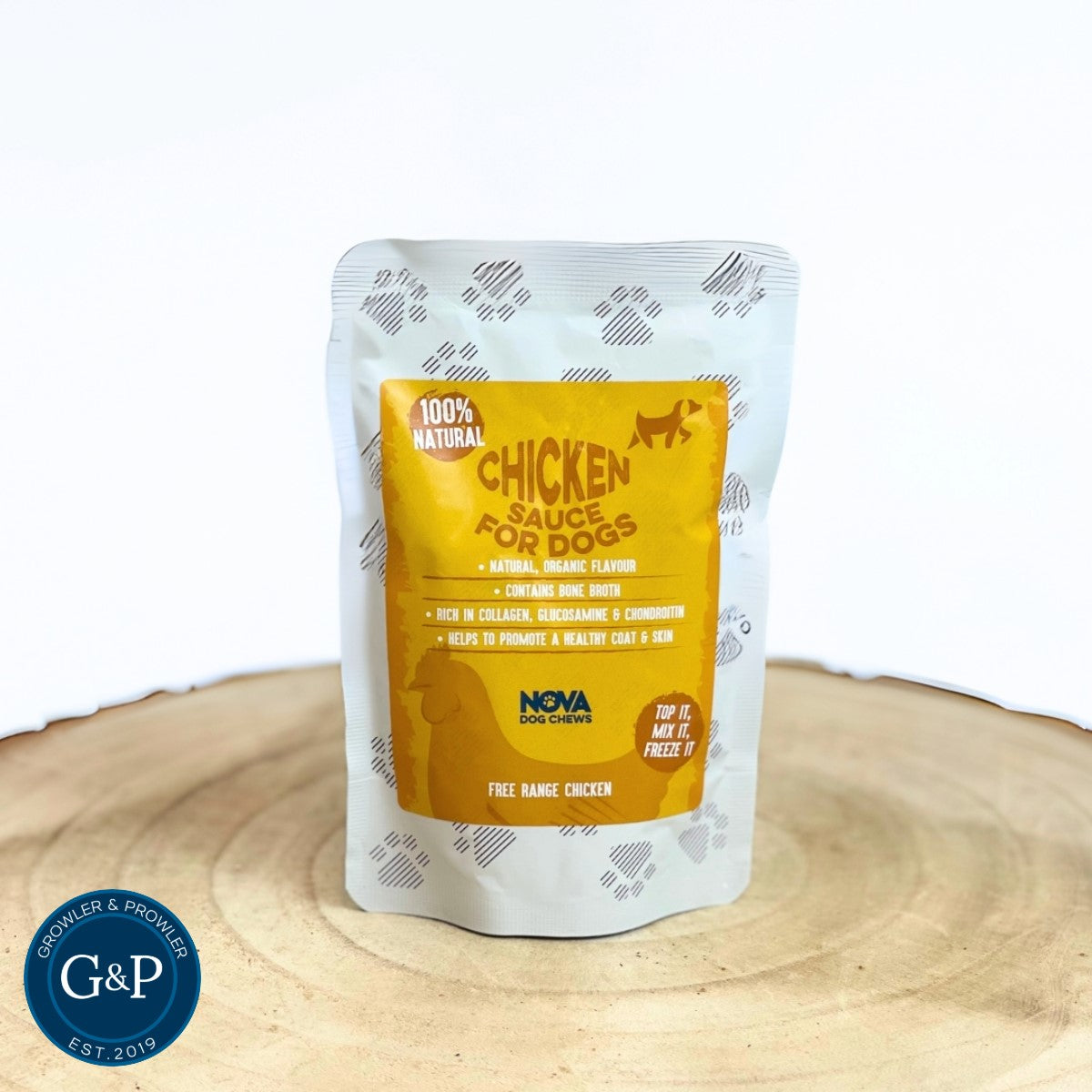 Nova Chicken Sauce: 100% natural dog treat made with free-range chicken. Contains bone broth, collagen, glucosamine, and chondroitin for healthy skin and coat. Can be used as a topper, mixed with food, or frozen.