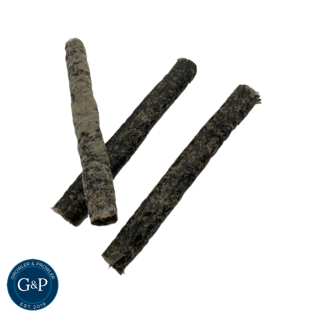 A close-up image of Plaice Sticks, a natural dog treat from Growler and Prowler.  Perfect for enticing dogs with their appealing look and scent.