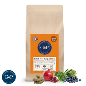 A brown paper bag of Growler & Prowler British Free Range Chicken dog food. The bag features information about the product, including the ingredients and nutritional content.