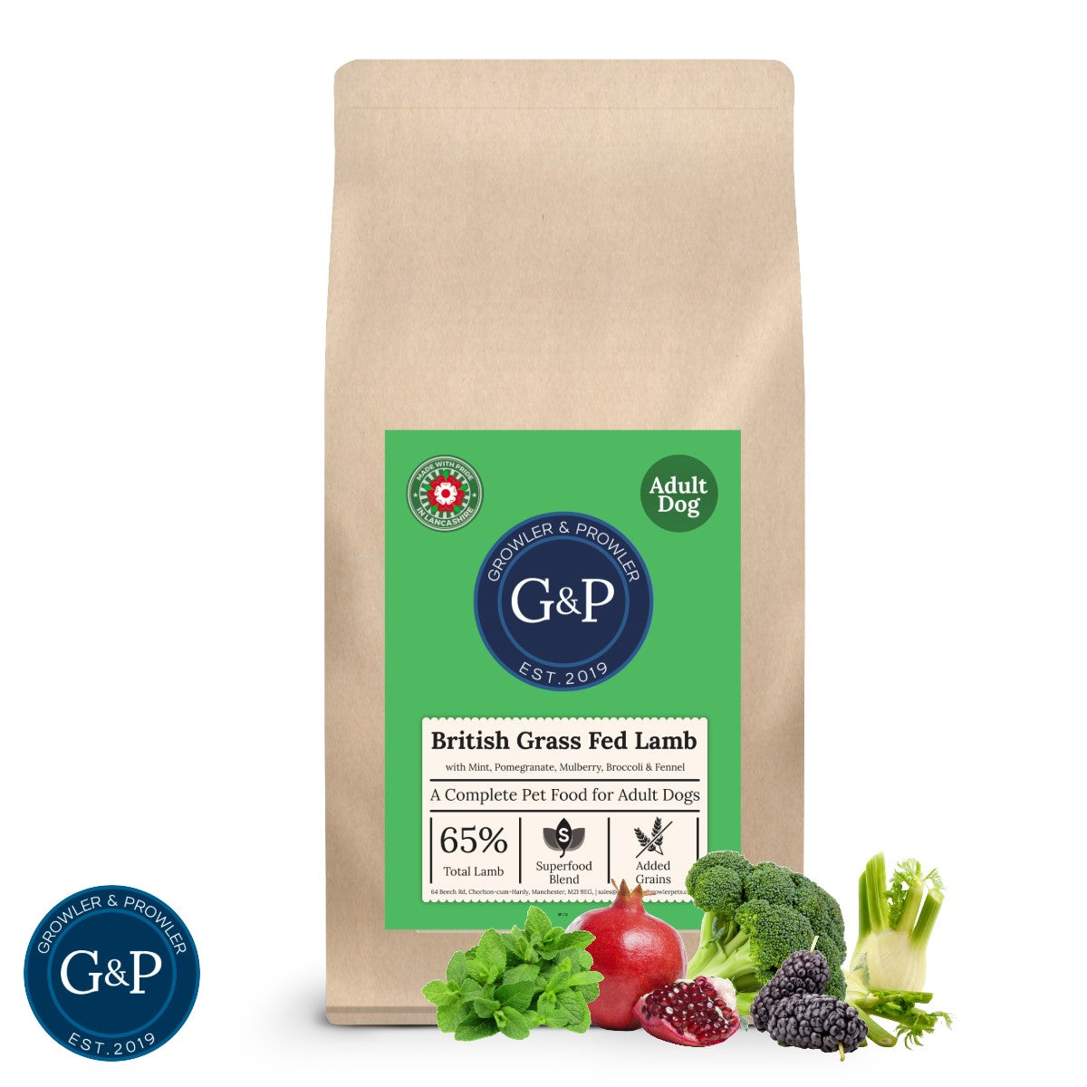 Growler & Prowler Superfood Adult - British Grass Fed Lamb, a complete pet food for adult dogs from Manchester, UK. This premium dog food is made with 65% total lamb and features a superfood blend of mint, pomegranate, mulberry, broccoli, and fennel. It's also grain-free