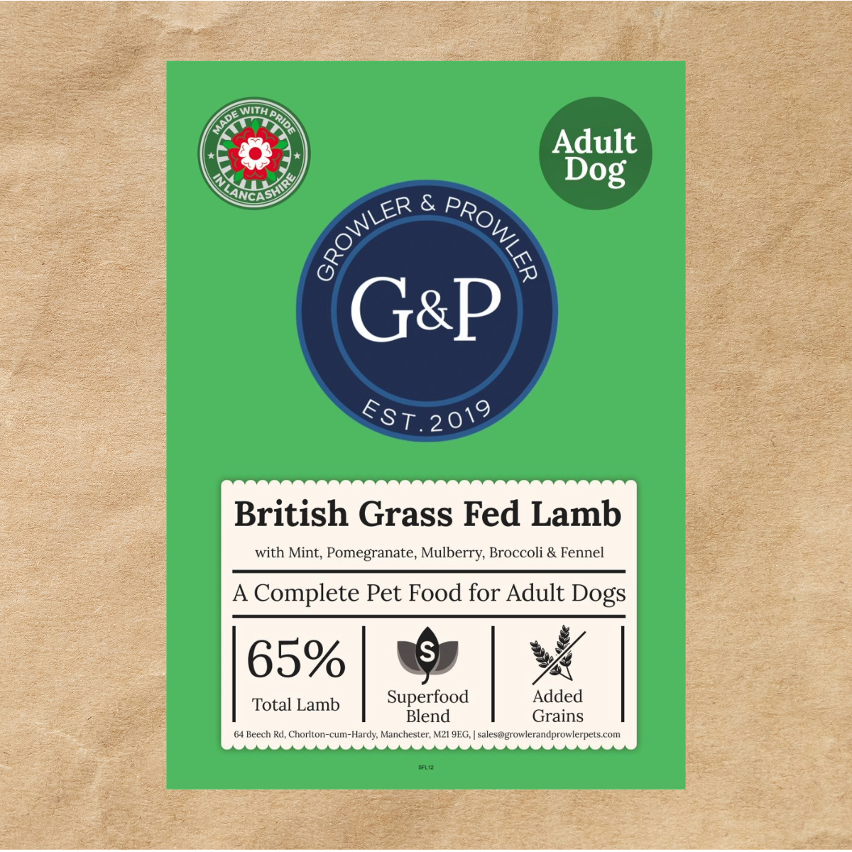 Growler & Prowler Superfood Adult - British Grass Fed Lamb, a complete pet food for adult dogs from Manchester, UK. This premium dog food is made with 65% total lamb and features a superfood blend of mint, pomegranate, mulberry, broccoli, and fennel. It's also grain-free