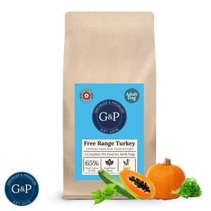 A brown paper bag of Growler & Prowler Free Range Turkey dog food. The bag features the company logo, information about the product, including the ingredients and nutritional content, and graphics of turkey, pumpkin, parsley, papaya, nettle, and zucchini.