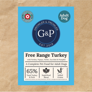 A brown paper bag of Growler & Prowler Free Range Turkey dog food. The bag features the company logo, information about the product, including the ingredients and nutritional content, and graphics of turkey, pumpkin, parsley, papaya, nettle, and zucchini.