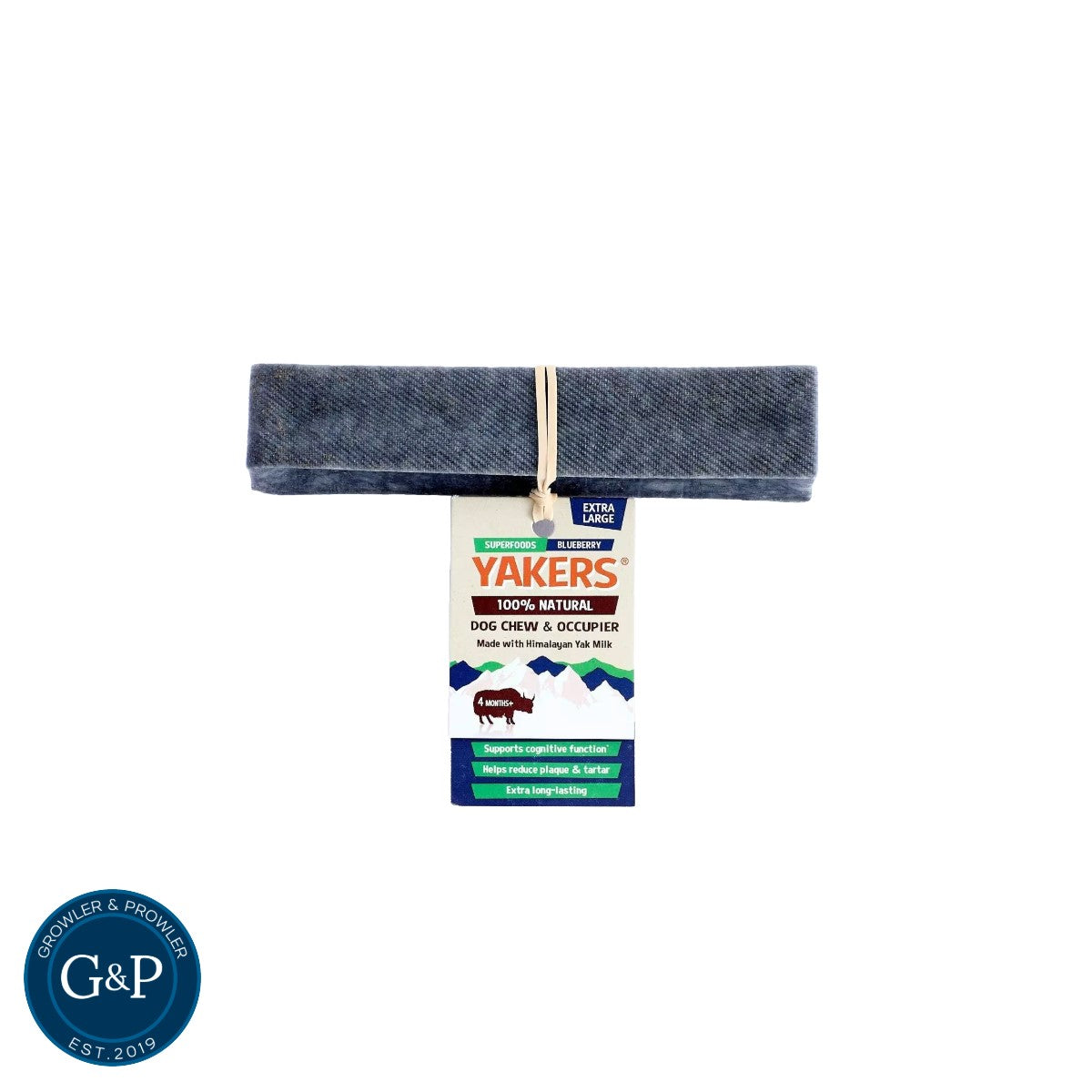 Natural dog chews made with blueberry and yak, providing cognitive support and helping reduce plaque and tartar. Made by Growler & Prowler, a natural dog treat company based in Manchester.