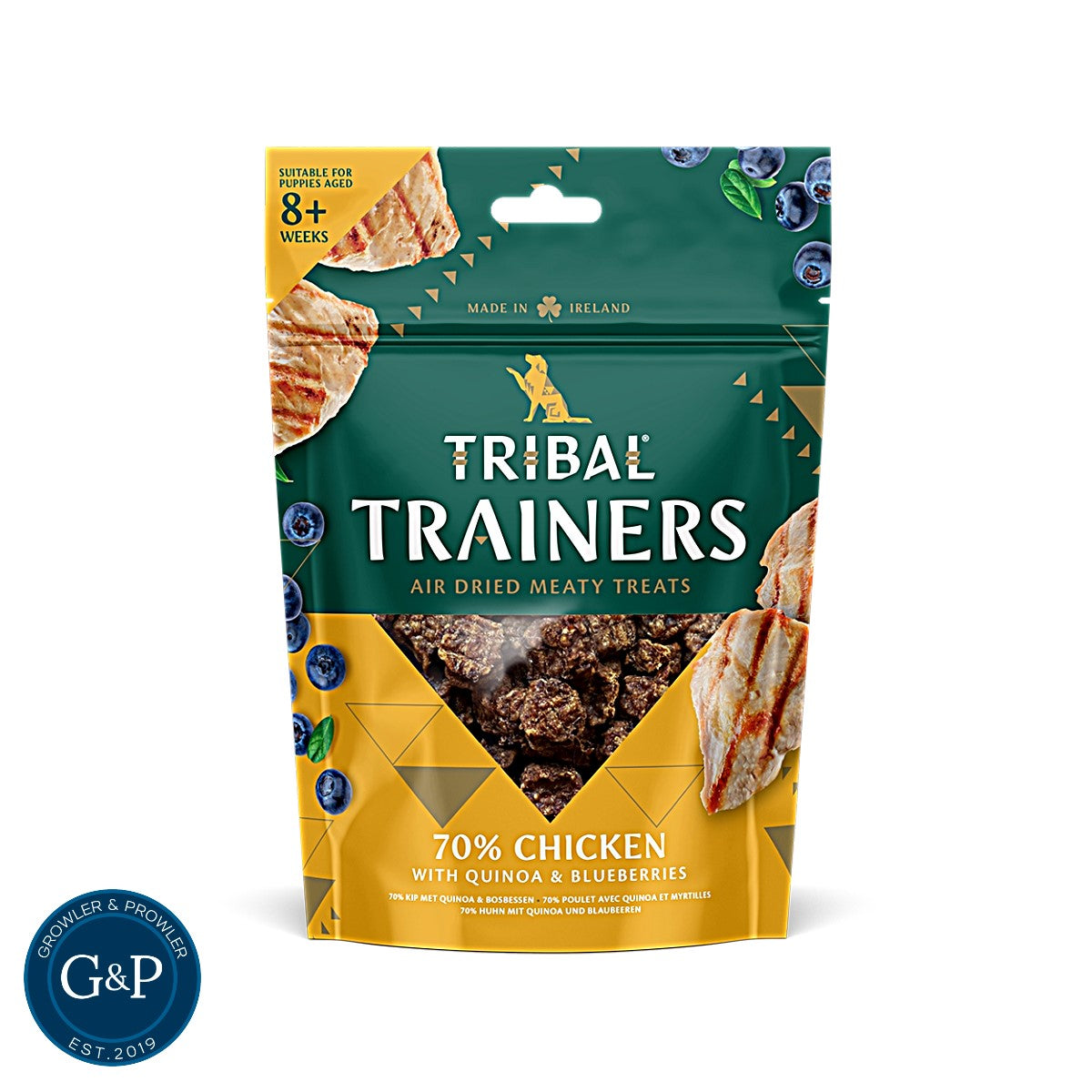 Tribal Trainers Chicken & Blueberry Dog Treats: Air-dried, high-protein treats suitable for puppies 8+ weeks old. Made in Ireland with 70% chicken, quinoa, and blueberries.