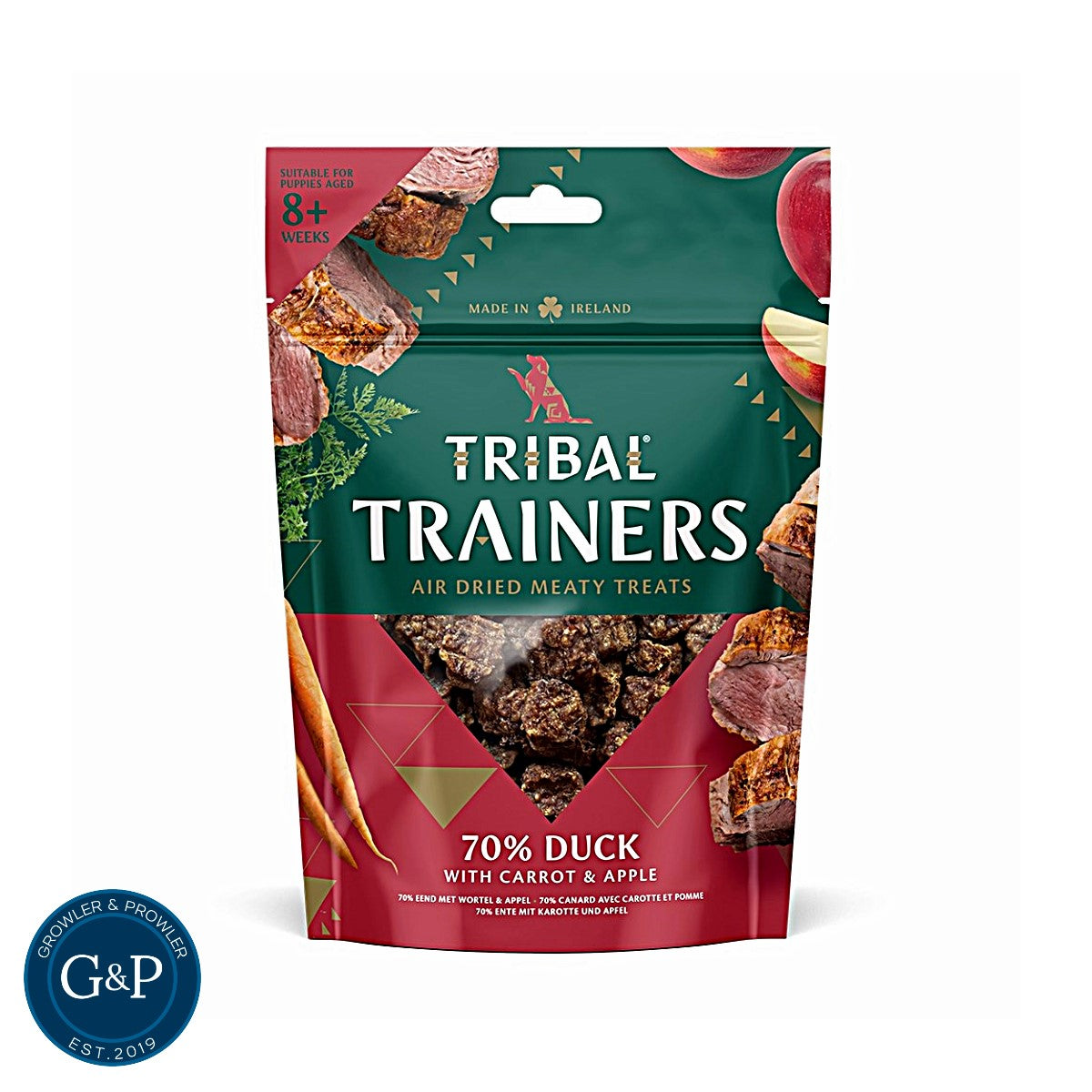 Tribal Trainers Duck, Carrot & Apple Dog Treats: Air-dried, high-protein treats suitable for puppies 8+ weeks old. Made in Ireland with 70% duck, carrots, and apples.