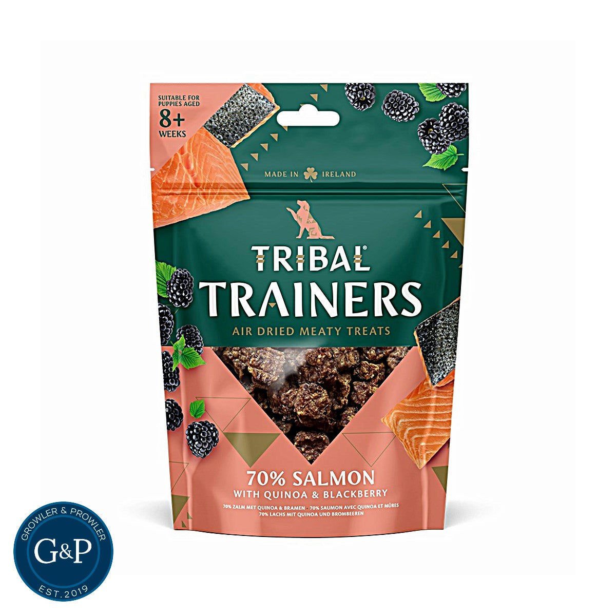 Healthy and delicious salmon, quinoa, and blackberry dog treats. These air-dried treats are perfect for training puppies and adult dogs.