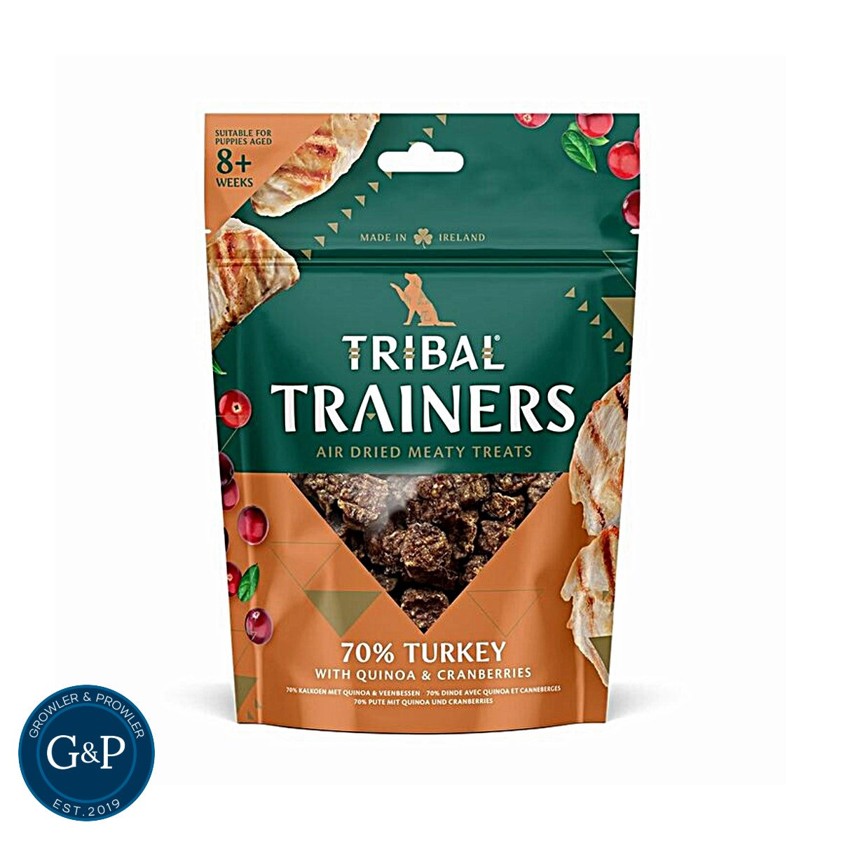 Tribal Trainers Turkey & Cranberry Dog Treats: Air-dried, high-protein treats suitable for puppies 8+ weeks old. Made in Ireland with 70% turkey, quinoa, and cranberries.