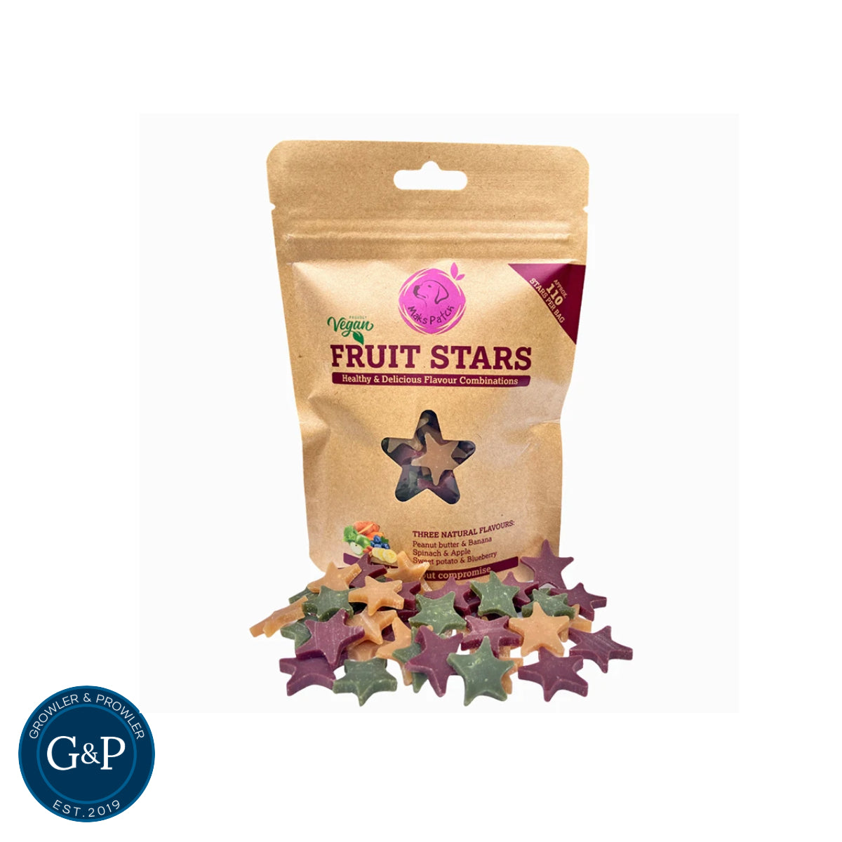 A bag of Maks Patch Vegan Fruit Stars dog treats. They are made with three natural flavours: peanut butter and banana, spinach and apple, and sweet potato and blueberry. They are also vegan and gluten-free.