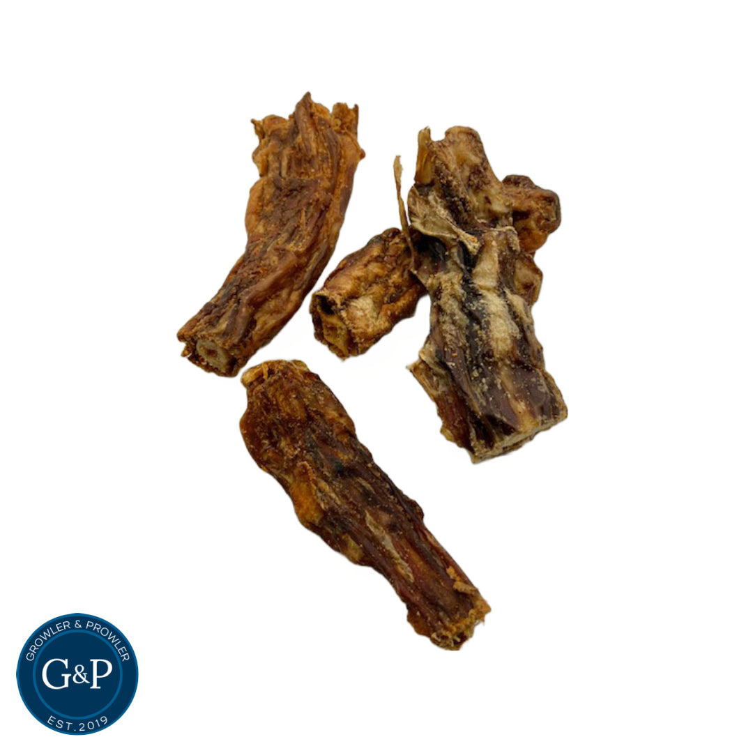 High-quality, all-natural buffalo tail chews for dogs, perfect for chewing and dental health. From Growler & Prowler, your local Manchester pet treat company