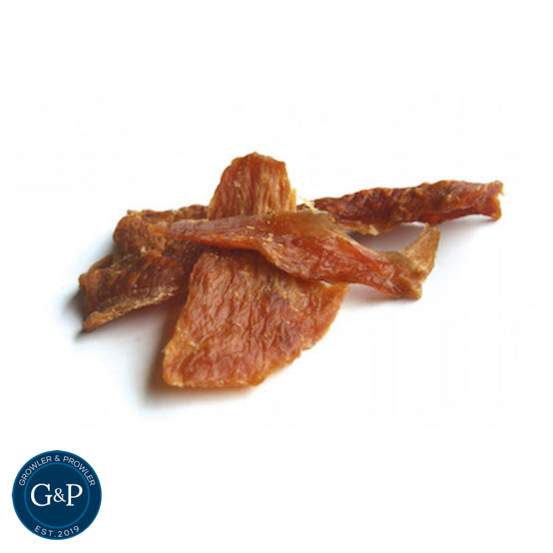 Healthy and delicious chicken breast jerky from Growler & Prowler, a Manchester-based dog treat company.